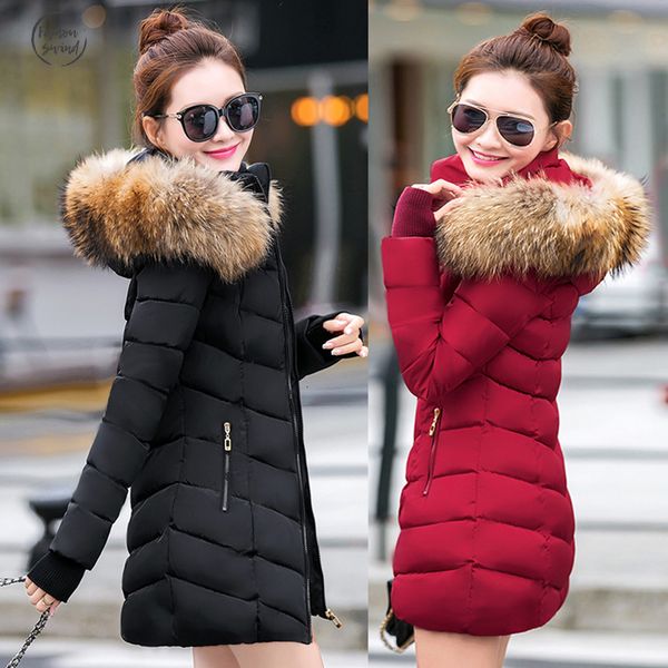 

2019 fashion thicken winter jacket women slim female coat long parka down cotton clothing red clothing hooded student, Black