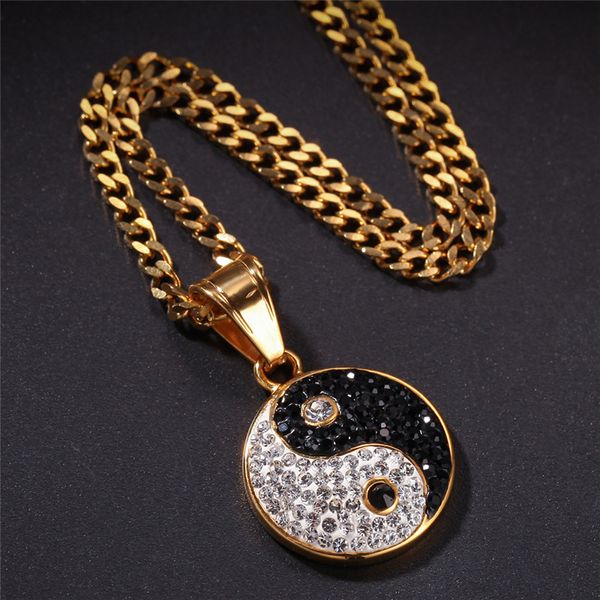 

stainless steel tai chi pendant pave cz stone chinese style yin yang necklace hip hop jewelry with 24 inches cuban link chain, Silver