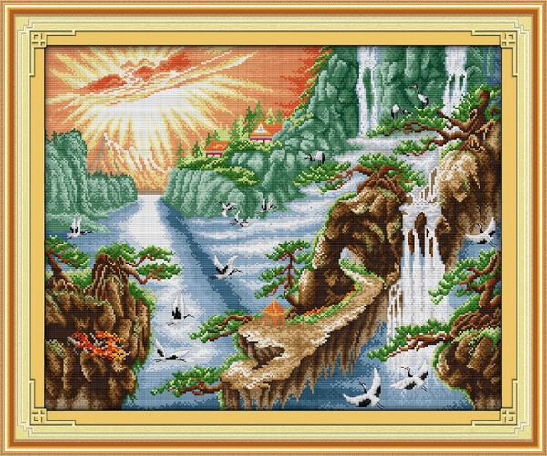 Sunshine cachoeira guindaste home decor pinturas, Handmade Cross Stitch Bordado conjuntos de costura contados impressão sobre tela DMC 14CT / 11CT