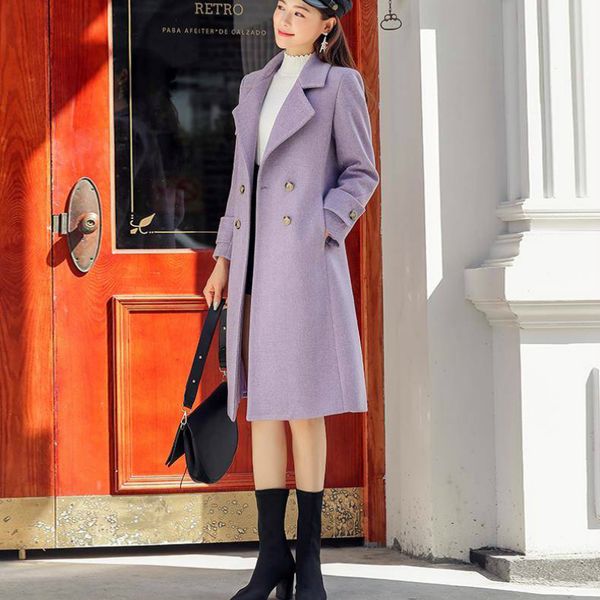 

women long purple slim woolen coat female overcoat, Black