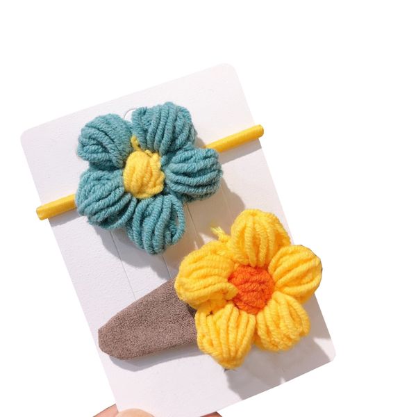 

2pcs/set new girls cute cartoon flower elastic hair band hair clips children baby knitting soft hairpins kids accessories, Slivery;white