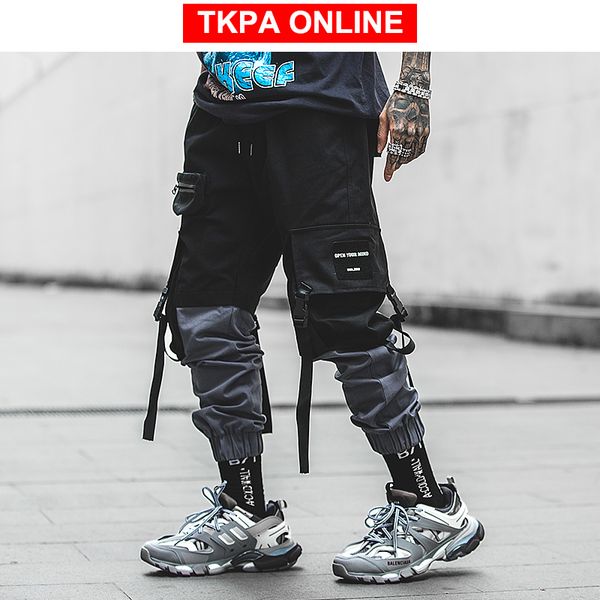 

pachwork cargo pants 2020 streetwear hip hop ribbons joggers pants men japanese style black casual track fashions