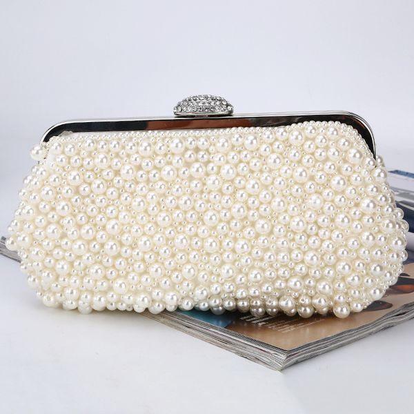 

hand made crystal evening clutch bag rhinestone wedding purse party handbag lady clutches white pearl beads female bag, Black