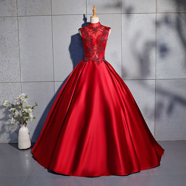 

2018 new red high neck appliques beading ball gown quinceanera dresses sequins satin sweet 16 dresses debutante 15 year party dress bq92, Blue;red