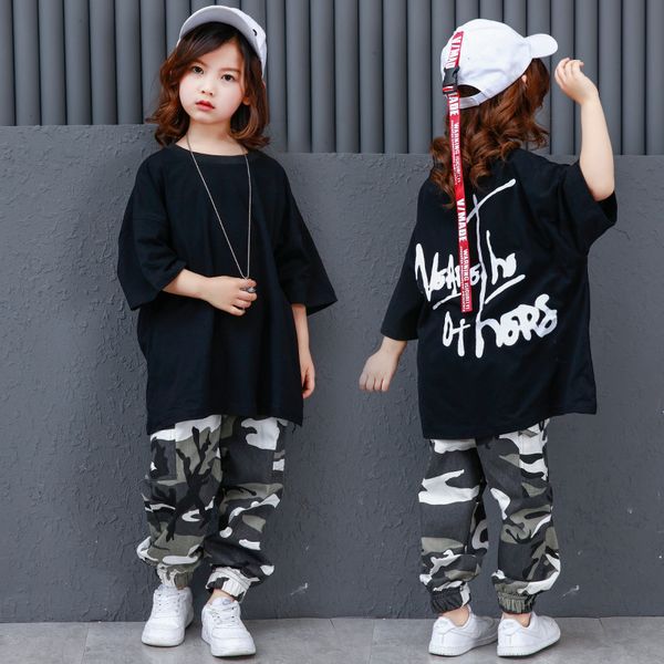 

kids hip hop dance clothes girls camouflage t shirt pant streetwear ballroom dancing costume performance shows stage sweatshirt, Black;red