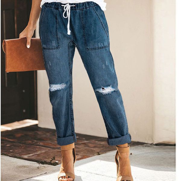 

fashion solid wide leg denim jeans hole office lady high waist pants loose trousers, Blue