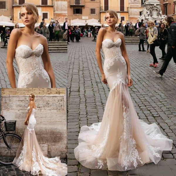 

vintage 2020 mermaid wedding dresses sweetheart lace appliqued beads sweep train bridal gowns beach summer wedding dress robe de mariage, White