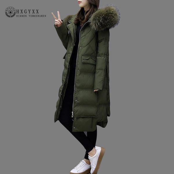 

raccoon fur collar plus size warm puffer jacket woman winter parka female white duck down coat long slim overcoat 2018 okd732, Black