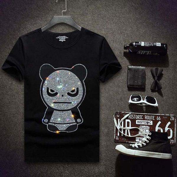 

fashion men's t-shirts rhinestones animal mens european and american styles shirts men's crew neck short-sleeved t shirt 4 styles, White;black