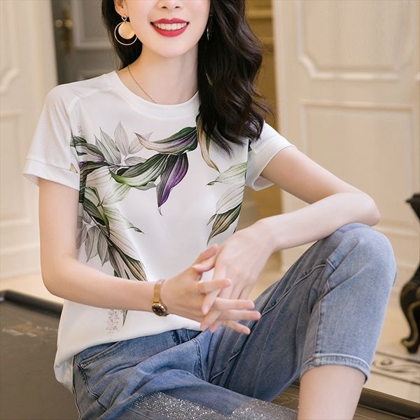 

white short-sleeved t- female 2020 western style printed cotton mulberry shirt shirt silk top