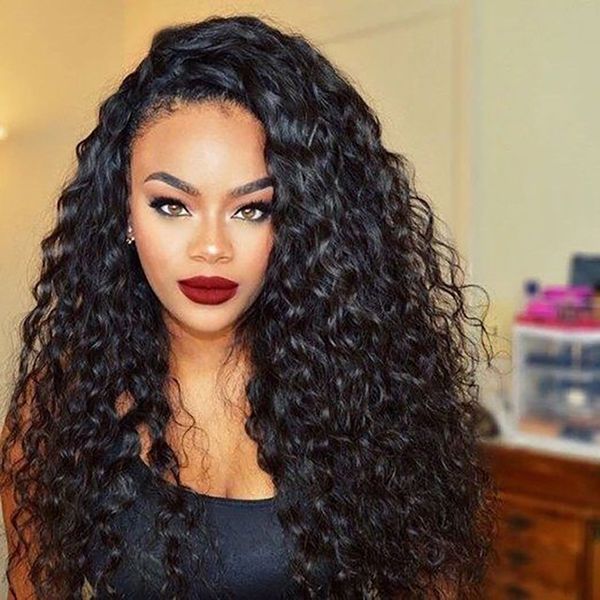Natural Black Long Kinky Curly Hair Synthetic Lace Front Wigs Baby