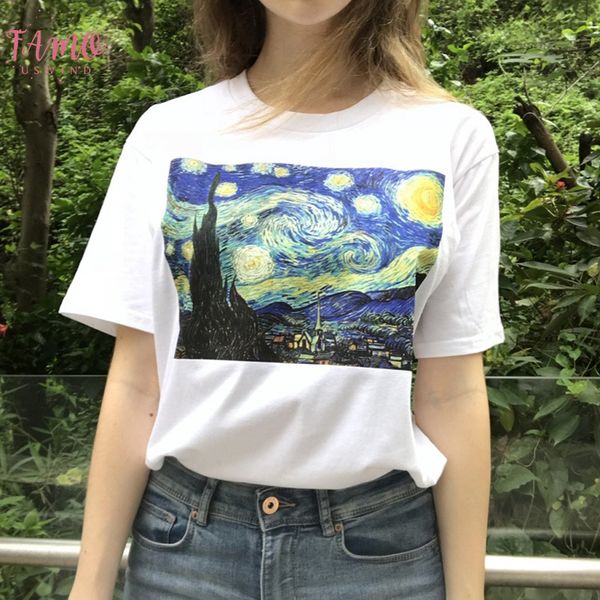 

summer fashion t shirt women funny van gogh art painting starry night plus size casual harajuku short sleeve tee shirt femme, White