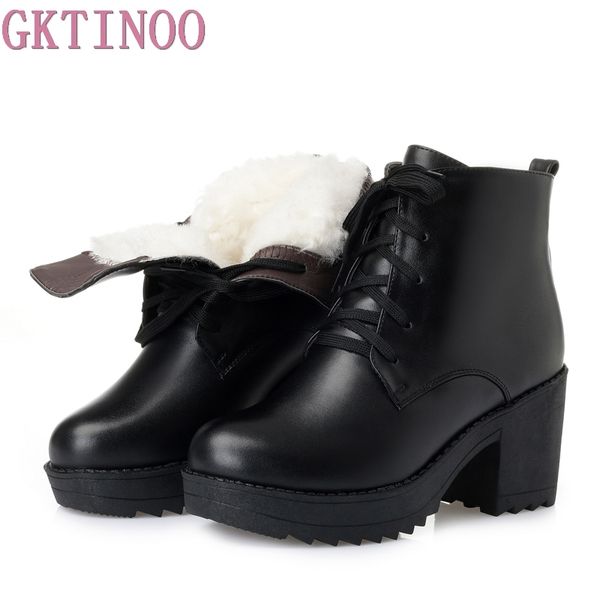 

gktinoo 2018 new winter warm comfortable wool snow boots women ankle boots thick heel real leather shoes woman fashion, Black