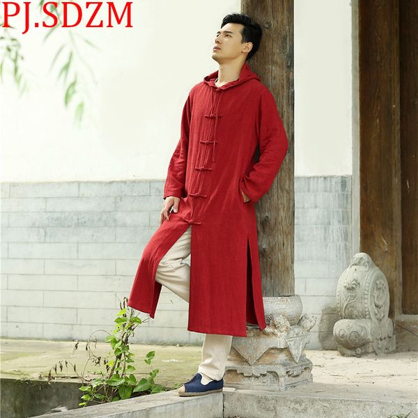 

pj.sdzm 2018 new autumn winter coat thickened man and woman hooded trench coat national style long cardigan lovers, Tan;black