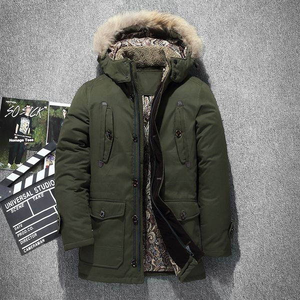 

russia winter jacket for men fur collar thick hooded down jacket man warm lamb hairy liner windbreaker cargo duck down coat, Black