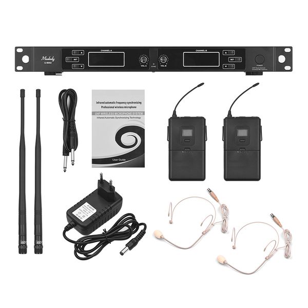 

new muslady u-6002 professional dual-channel uhf wireless microphone system with 2 handheld mics + 1 rack-mount receiver