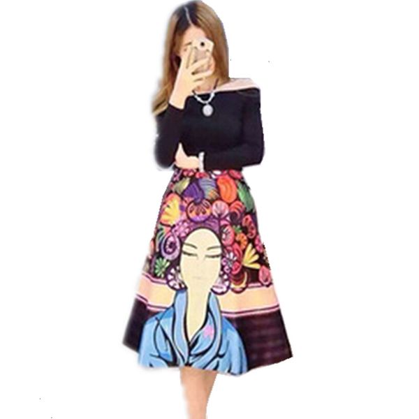

women s designer 2 piece sets high street designer set womens black slash blouse piece colorful cartoon printed skirt set, White