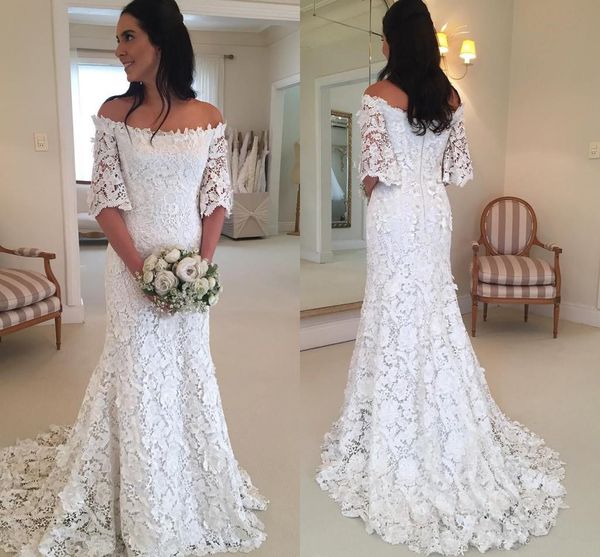 

boho style lace wedding dresses 2019 selling custom new simple off-the-shoulder half sleeve mermaid bridal gowns vestido de novia w723, White