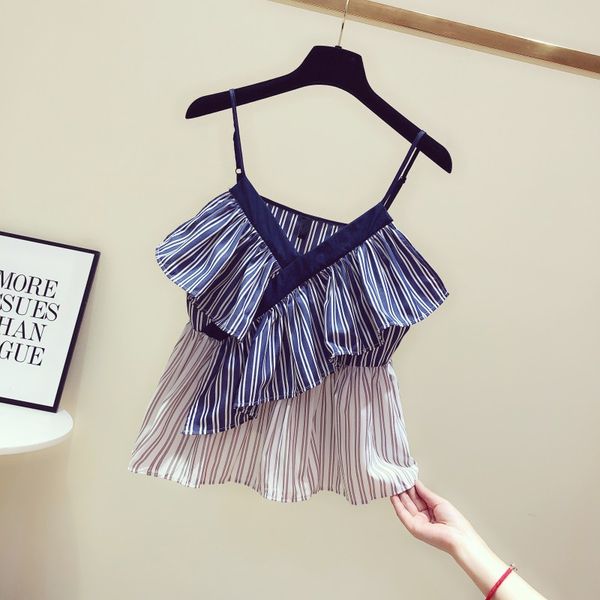 

women striped ruffles tank female girls sleeveless tanks, White