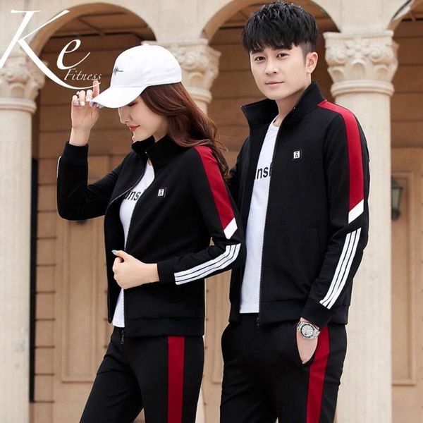 

ke 2019 couple black striped 3 pieces t-shirt and tracksuit cotton suit men large size plus  l xl 2xl 3xl 4xl sportswear women, White;black