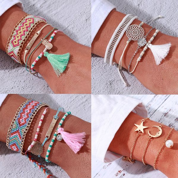

diezi bohemian 4pcs/set multilayer beads bracelets for women fashion ethnic fringed tassel bracelets sets handmade jewelry gifts, Black