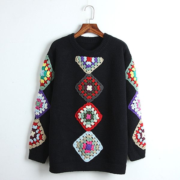 

2019 new hand hook woman sweater female retro women designer sweater chinese style autumn loose diamond long thick coarse wool, White;black
