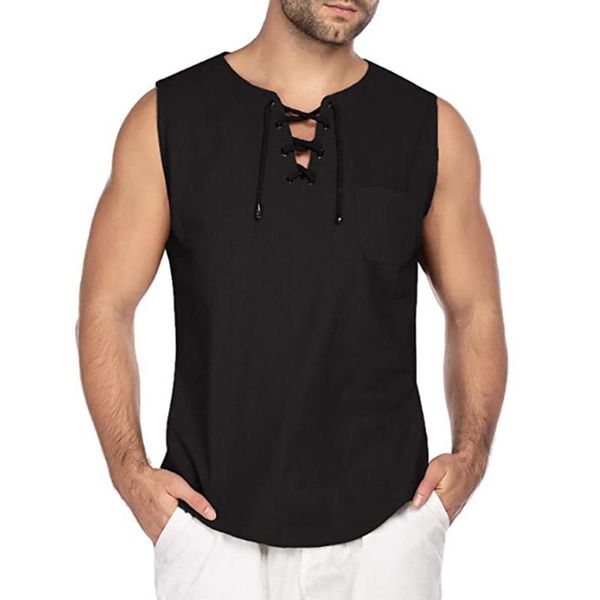 

men' tank 100% brand 2021 summer renaissance medieval vest sleeveless v-neck loose pullover gothic, White;black