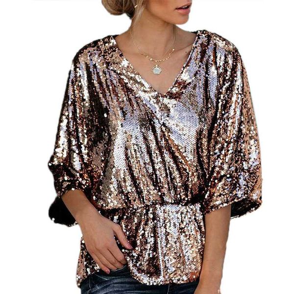 

women v neck glod sequined shirt ruffle loose short sleeve loose blouse lace up waist ladies, White