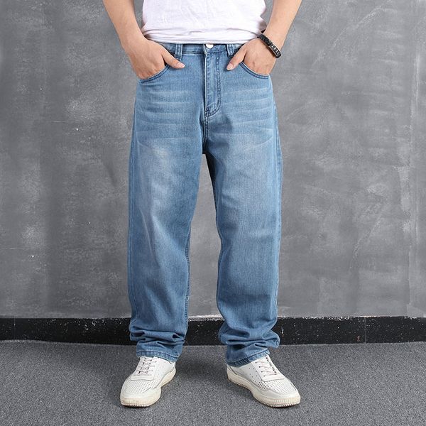 

men casual jeans plus size fat relaxed loose pants street dancing skateboard pants denim jean straight trousers clothing, Blue