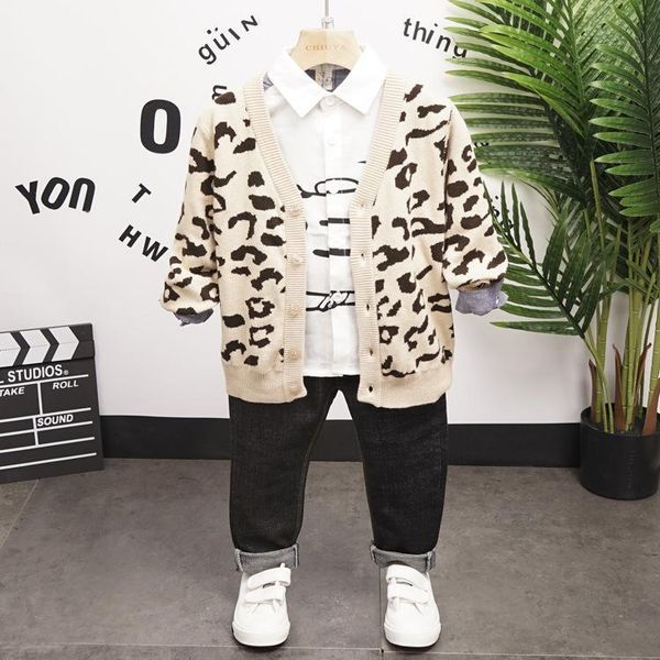 

3pcs wlg boys clothing set kids spring leopard beige cardigan white shirt and black jean set baby boy fashion clothes for 2-6t