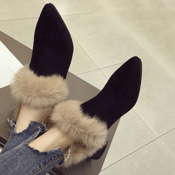 

thick high heels solid flock pointed toe fur plush cotton shoes woman designer female fashion pumps slip on deep mouth footwear, Black