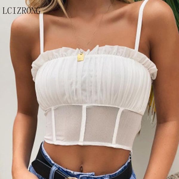 

sexy прозрачного рассечения шеи crop top лето женщин без рукавов коротких маек черного белых тонкого tube женщина плюс размер трусики, White