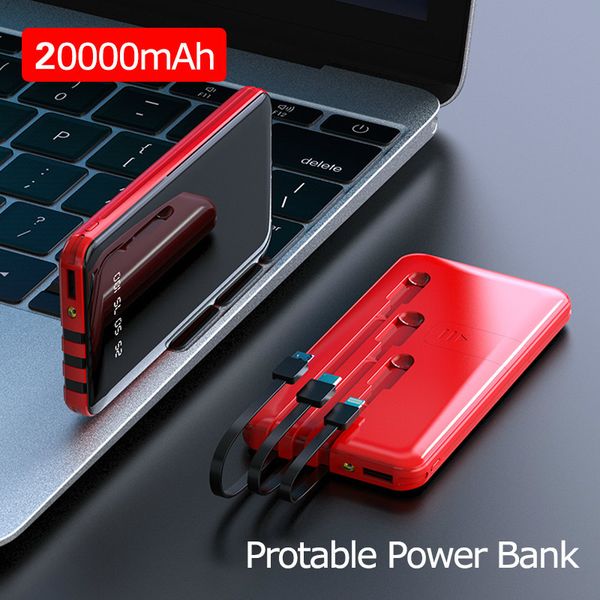 

20000 mah portable power bank full screen built-in 3 cables powerbank fast charging external battery for iphone xiaomi samsung