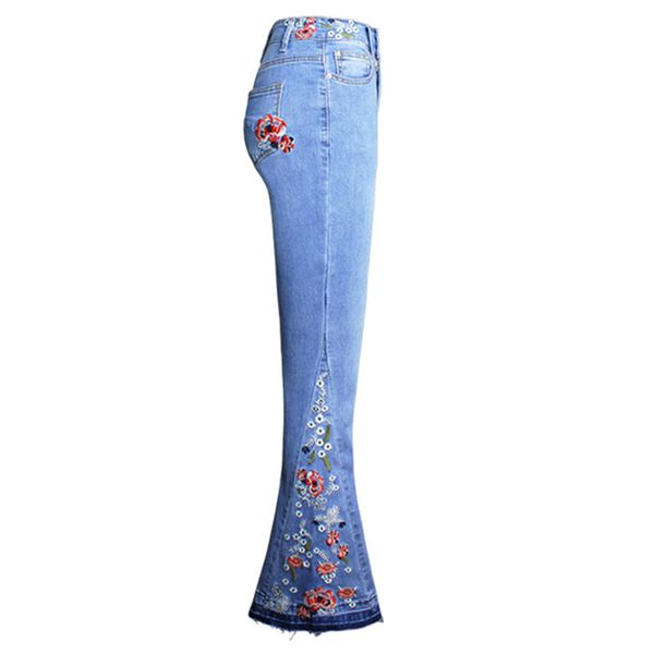

women flowers embroidered wide leg lift hip high waist skinny jeans js26, Blue