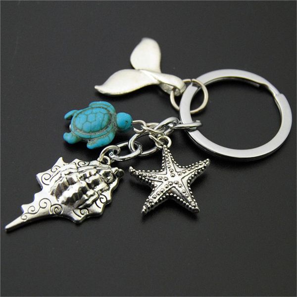 

1pc style job occupation women&men keychain fish thorn turquoise starfish seahorse keyring key chains, Silver