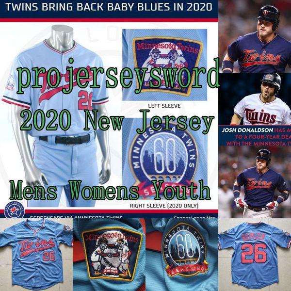 

minnesota 2020 josh donaldson twins 60th season jersey max kepler joe mauer byron buxton kirby puckett miguel sano eddie rosario nelson cruz, Blue;black