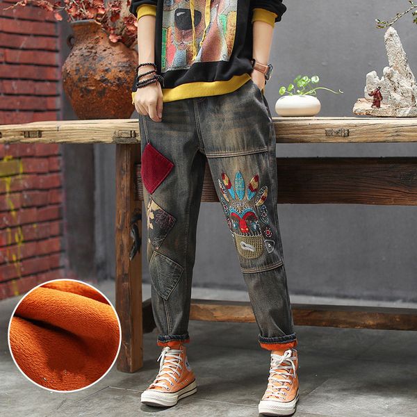 

women jeans autumn winter warm fleece harem denim pants retro female elastic waist peking opera character embroidery trousers, Blue