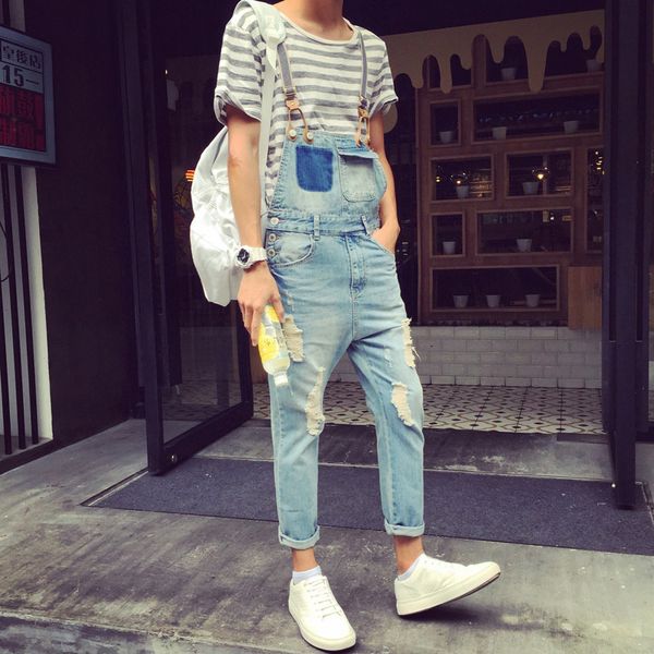 

s-xxxl 2019 summer korean personality cowboy hiphop bib male hole small feet denim suspender pants male clothing tide, Blue