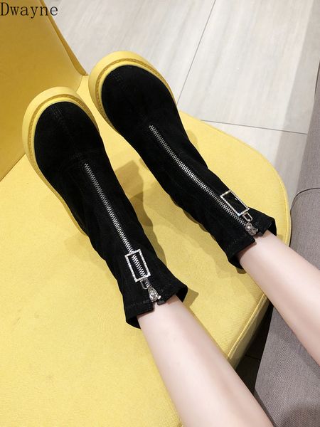

front zipper women's booties 2019 new spring and autumn thick with elastic boots ins net red was thin machine boots, Black