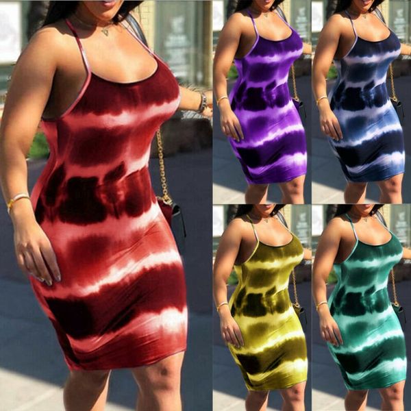 

sling tie dyeing print mini pencil dress women bandage bodycon casual sleeveless short vestidos for evening party clubwear 3xl, Black;gray