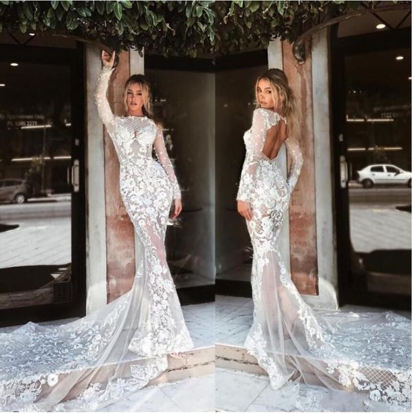 

2019 gorgeous bohemia wedding dresses jewel neck long sleeve lace applique bridal gowns hollow back sweep train mermaid wedding dress, White