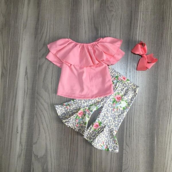 

baby girl girls summer capri outfits girl solid coral floral leopard bell bottom pants with bow, White