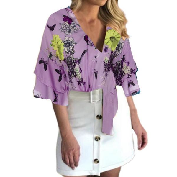 

женщины бабочка цветок печати v шеи взъерошенные половина рукава узловатые растениеводство топ 2020 новый fashion плюс размер женская одежда, White