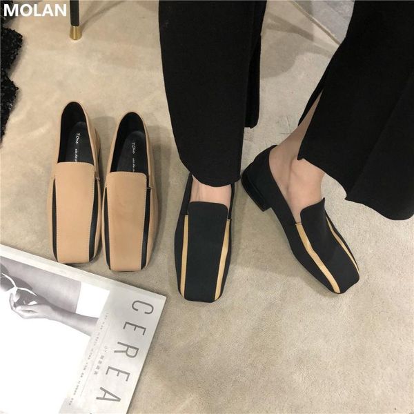 

molan 2020 spring korean fashion line decoration square toe suede flats shoes women slip on loafers casual, Black