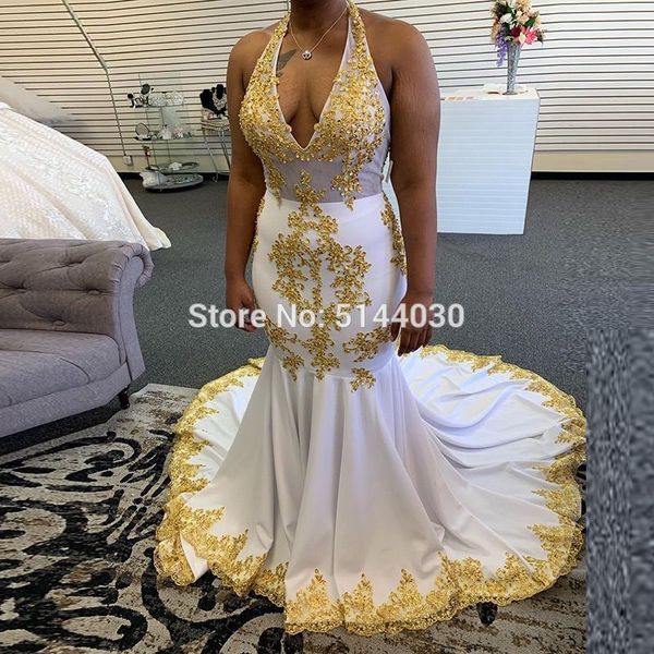 

long white mermaid halter neck prom dresses 2019 gold lace appliques beading long vestido longo festa prom evening gown, White;black