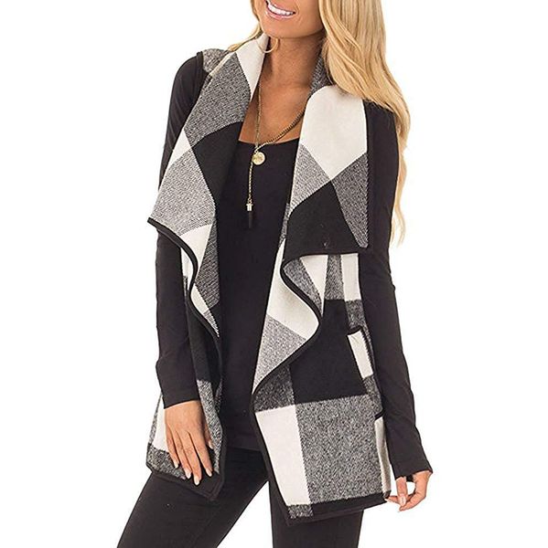 

women's lapel open front plaid vest sleeveless buffalo outerwear cardigan with pockets, White