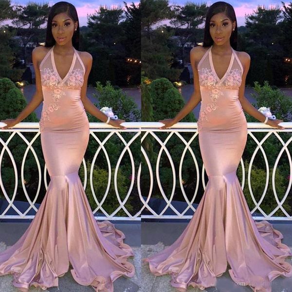 

hand made flowers appliques mermaid prom dresses long halter neck sleeveless pink evening dresses robes de soirée, Black