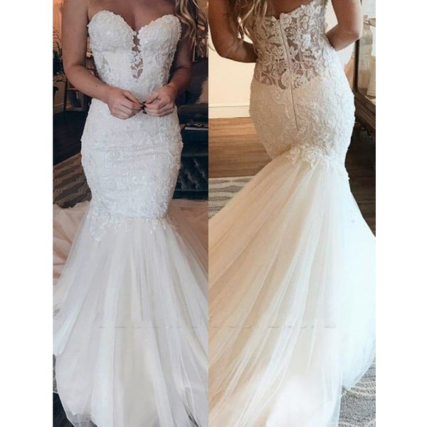 

stunning lace mermaid wedding dresses sweetheart bridal dresses vestido de noiva zipper back sweep train robe de mariee, White