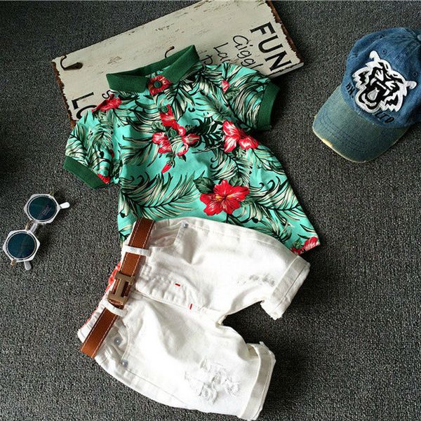 

emmababy summer toddler baby boy clothes flower print t-shirt ripped short pants 2pcs outfits clothes summer, White