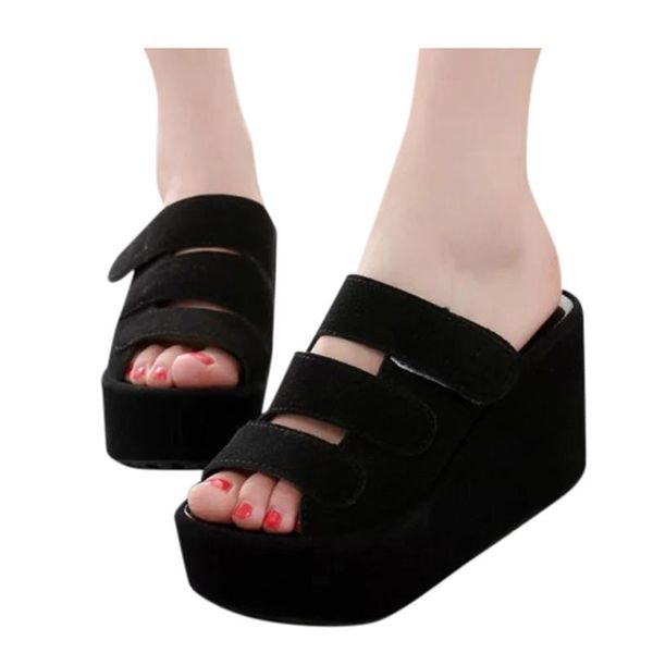 

womens wedges slippers summer non-slip platform open toe flip-flops shoes woman breathable thick bottom shoe plus size slippers, Black